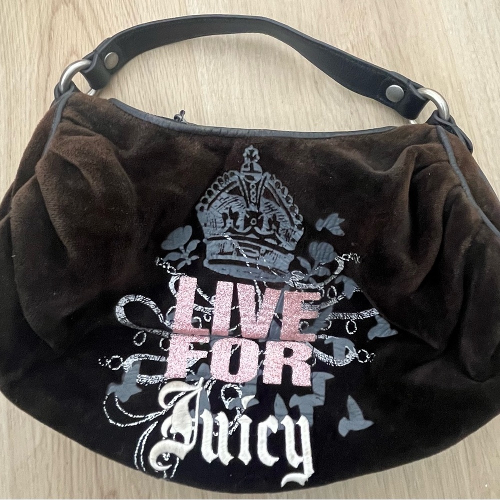 Juicy Couture Black Velvet Shoulder Bag with Pink Glitter 'Live For'